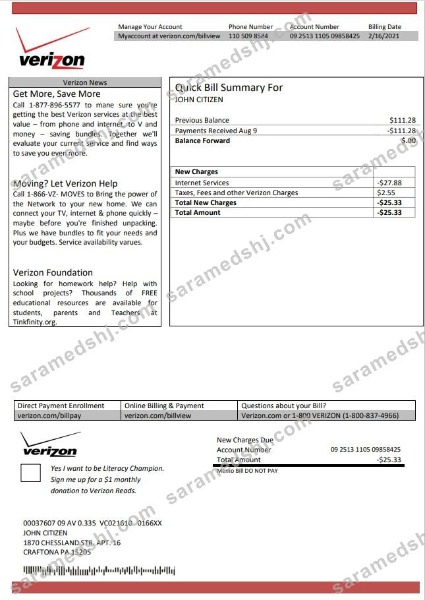 USA Verizon utility bill template in Word and PDF format